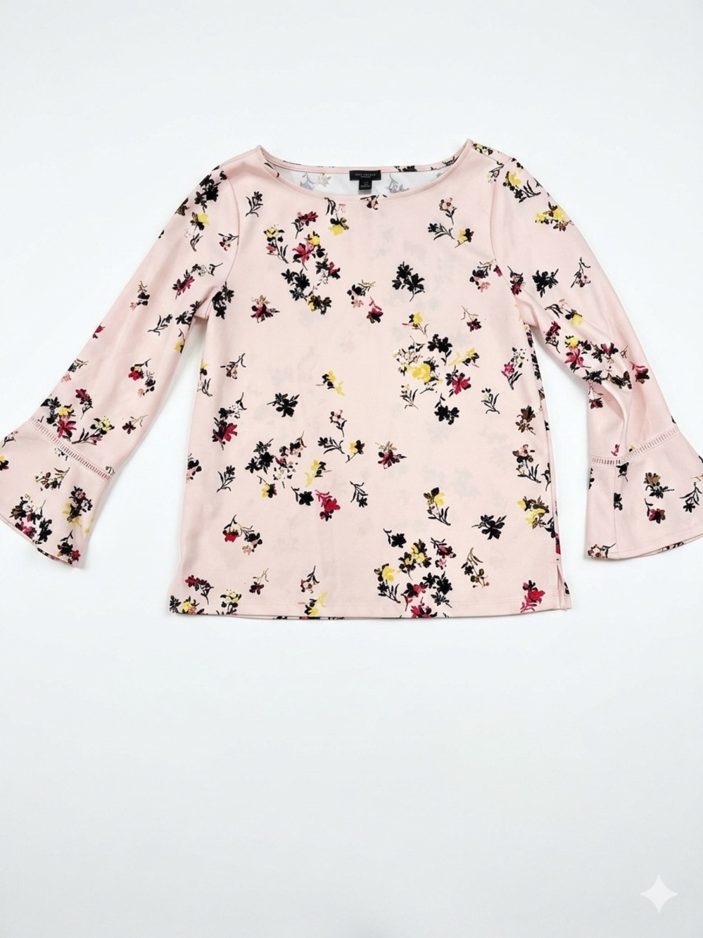 Ann Taylor Factory Pink Floral Bell Sleeve Top with Ladder Trim - Size XS